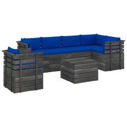 Sodo komplektas iš palečių su pagalvėlėmis, mėlynos, 7 dalių, pušis - Lauko baldų komplektai