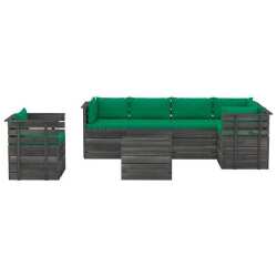 Sodo komplektas iš palečių su pagalvėlėmis, žalios, 7 dalių, pušis - Lauko baldų komplektai