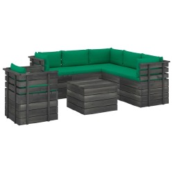 Sodo komplektas iš palečių su pagalvėlėmis, žalios, 7 dalių, pušis - Lauko baldų komplektai