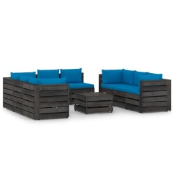 Sodo komplektas su mėlynomis pagalvėlėmis, 9 dalių, impregnuota mediena