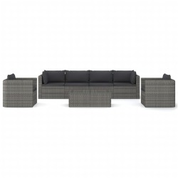 Sodo komplektas su pagalvėlėmis/juodos, 7 dalių, pilkas, poliratanas - Lauko baldų komplektai