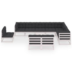 Sodo komplektas su pagalvėmis (11 dalių) baltas, pušies masyvas - Lauko baldų komplektai