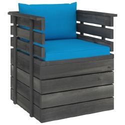 Sodo krėslas su pagalvėlėmis , pušies mediena, šviesiai mėlyna - Foteliai, sofos