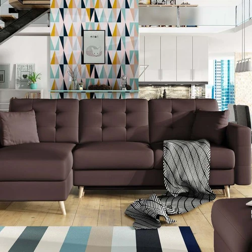 Elegantiškas kampinis su patalynės dėže ir automatinio išskleidimo mechanizmu