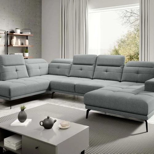 Moderni kampinė sofa su įdomia forma ir reguliuojamais atlošais