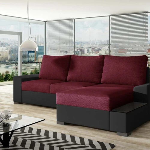 Praktiška kampinė sofa EL7228 su išskleidžiama lova ir stiklo dekoruota lentyna