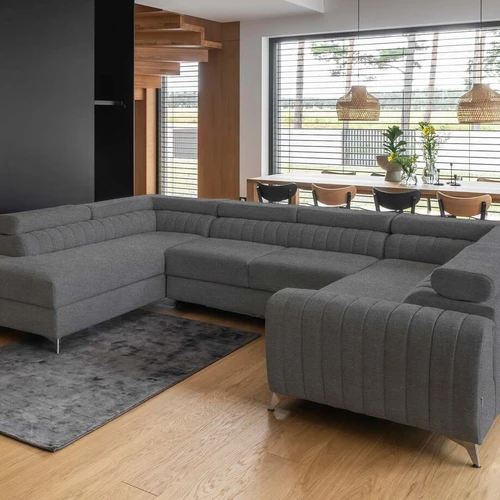 Kampinė sofa EL8461 su chromuotomis kojelėmis ir vertikaliomis siūlėmis