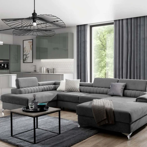 Patogi kampinė sofa su miegamąja funkcija ir gofruotomis spyruoklėmis