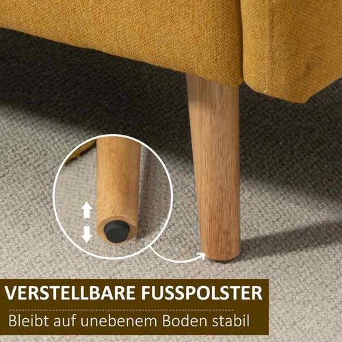 Geltona aksomo sofa su reguliuojamomis kojelėmis