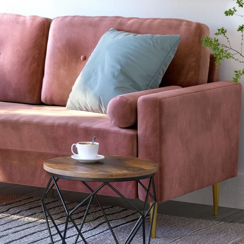 Stilinga rožinė sofa su minkštais pagalvėlėmis