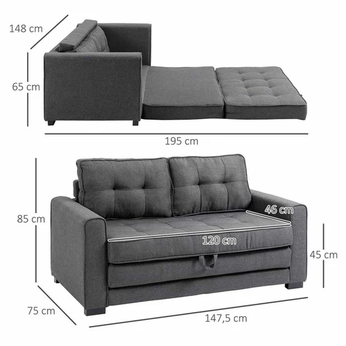 HOMCOM miegamoji sofa – kompaktiška sofa-lova mažam butuiDvivietė sofa-lova su minkštu paminkštinimu svečiamsIštraukiama sofa-lova 1-2 vietų miegui 