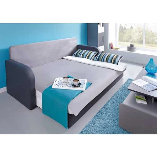 Moderni dviaukštė lova su mediniu rėmu ir minkštu audinio atlošu