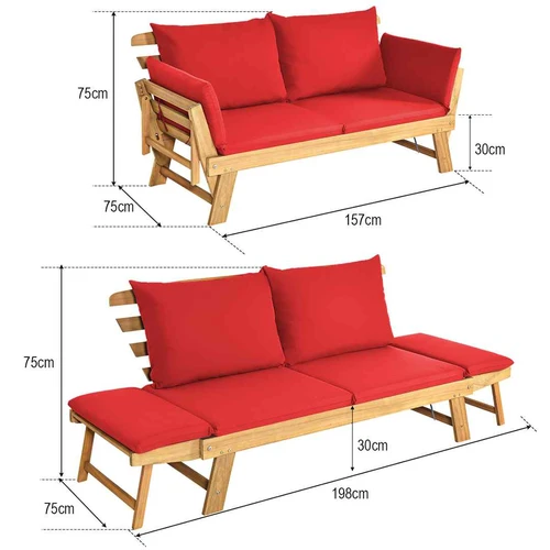 Sofa-lova, Reguliuojami porankiai, Raudona, 198 × 75 × 75 cm