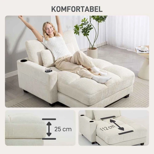 Sofa-lova, su puodelių laikikliais, Balta, 114 × 147 × 86 cm - Sofos-lovos