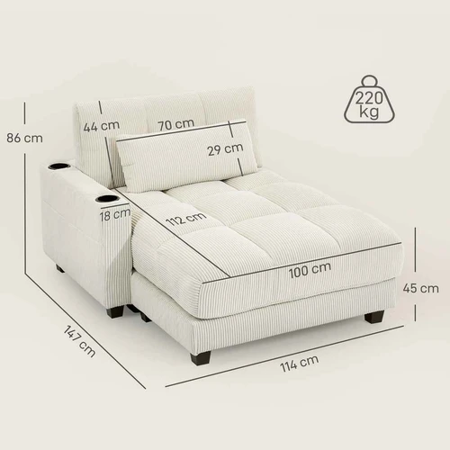 Sofa-lova, su puodelių laikikliais, Balta, 114 × 147 × 86 cm - Sofos-lovos