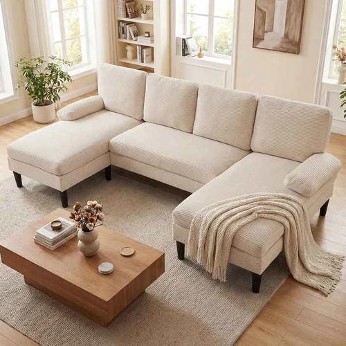 Sofa-lova, U formos, 5–6 vietų, Smėlio, 258 × 125 × 71,5 cm