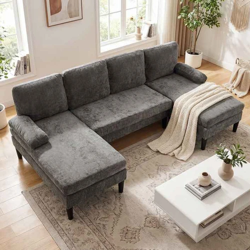 Sofa, U formos, 5–6 vietų, Pilka, 258 × 125 × 71,5 cm