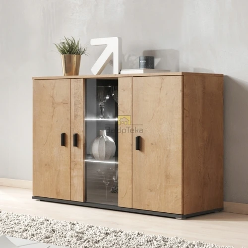 Moderni juoda matinė spinta su ąžuolo lefko detalėmis