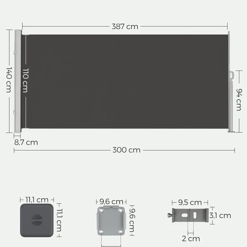 Šoninis tentas 140x300cm., juodos/pilkos spalvos - Lauko skėčiai
