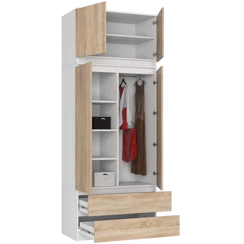 Spinta AKORD S 90, 2 stalčiai, baltos/ąžuolo spalvos, 90 × 234 × 51 cm - Spintos, spintelės