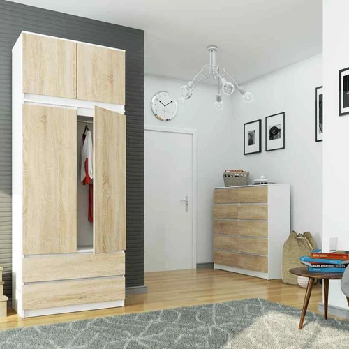 Spinta AKORD S 90, 2 stalčiai, baltos/ąžuolo spalvos, 90 × 234 × 51 cm - Spintos, spintelės