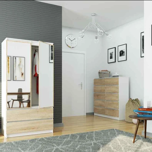 Spinta AKORD S90, 2 durų ir 2 stalčiai, baltos/rudos spalvos, 90 × 180 × 51 cm - Spintos, spintelės