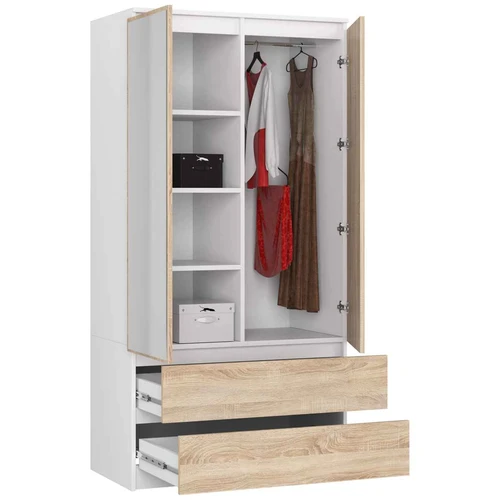 Spinta AKORD S90, 2 durų ir 2 stalčiai, baltos/rudos spalvos, 90 × 180 × 51 cm - Spintos, spintelės