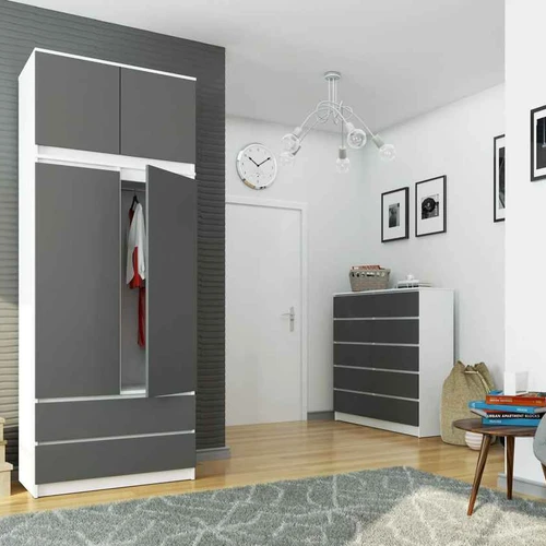 Spinta AKORD S90, 2 durys ir 2 stalčiai, baltos/pilkos spalvos, 90 × 234 × 51 cm - Spintos, spintelės