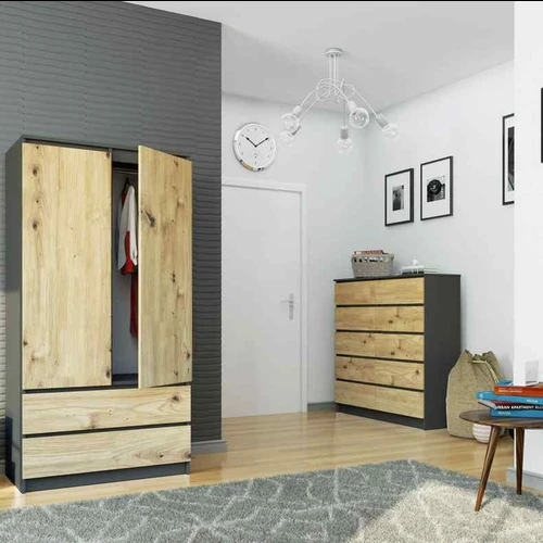 Spinta AKORD S90, 2 durys ir 2 stalčiai, pilkos/rudos spalvos, 90 × 180 × 51 cm - Spintos, spintelės