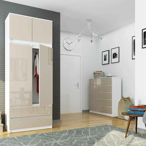 Spinta AKORD S90, 2 stalčiai su antresole, baltos/smėlio spalvos, 90 × 234 × 51 cm - Spintos, spintelės