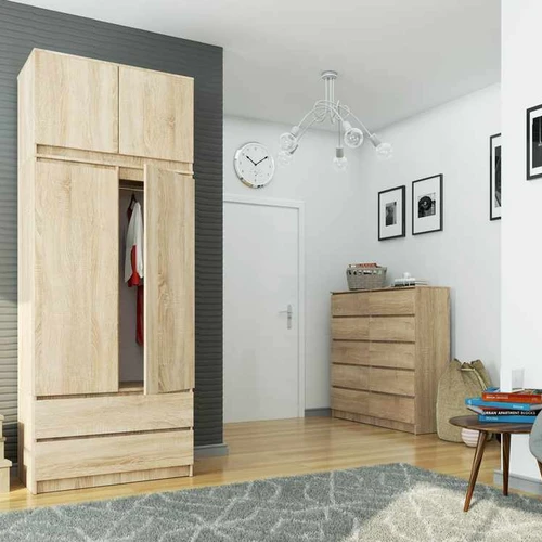 Spinta AKORD S90, su antstatu 2 durys ir 2 stalčiai, rudos spalvos, 90 × 234 × 51 cm - Spintos, spintelės