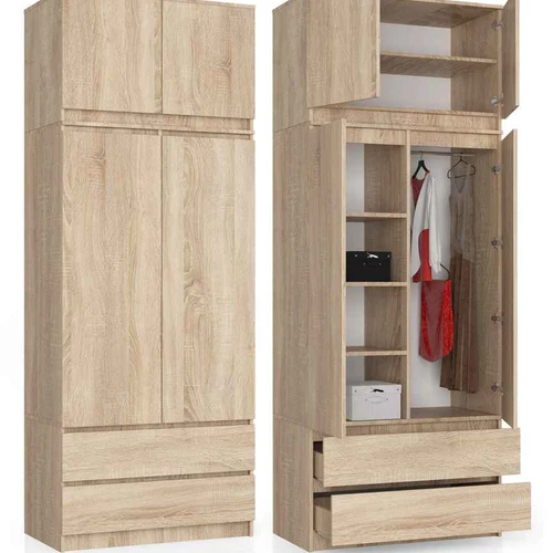 Spinta AKORD S90, su antstatu 2 durys ir 2 stalčiai, rudos spalvos, 90 × 234 × 51 cm - Spintos, spintelės