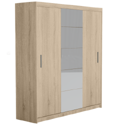 Ąžuolo spalvos spinta su veidrodžiu ir drabužių kabyklomis