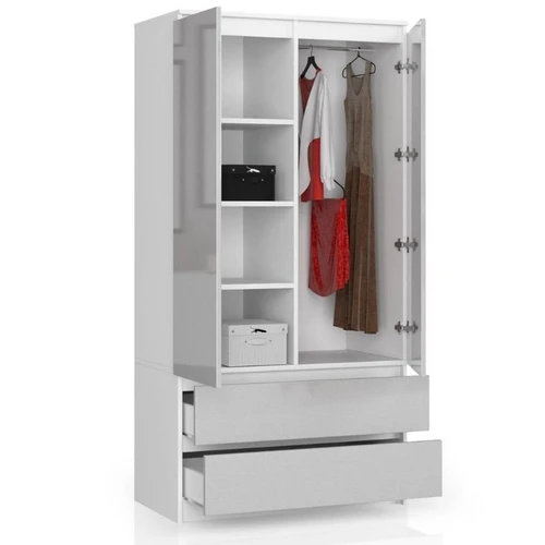 Tvarkinga spinta su lentynomis ir drabužių kabykla