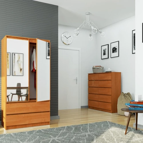 Erdvi spinta su dviem stalčiais ir kabykla rūbams