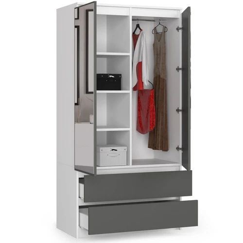 Balta ir pilka grafito spinta su funkcionaliais stalčiais ir veidrodžiais