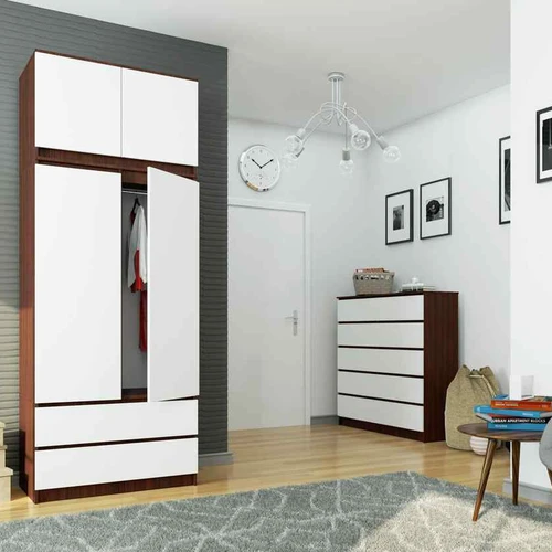 Spinta S 90, 2 durys, 2 stalčiai, baltos/rudos spalvos, 90 × 234 × 51 cm - Spintos, spintelės