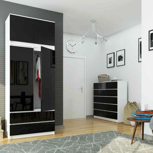 Spinta S90, 2 durų ir 2 stalčių, baltos/juodos spalvos, 90 × 234 × 51 cm - Spintos, spintelės