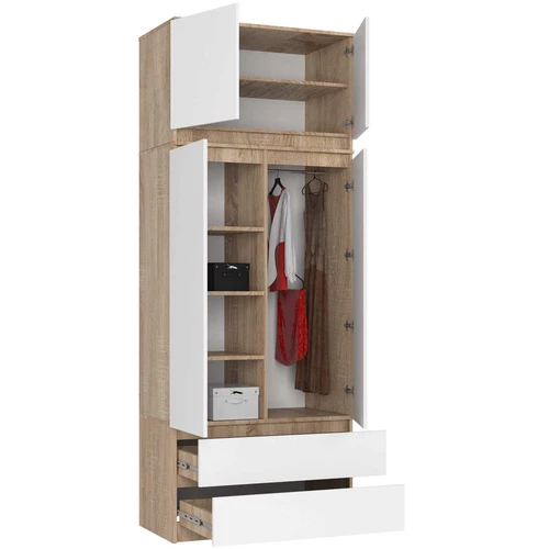 Spinta S90, 2 durų ir 2 stalčių, baltos/rudos spalvos, 90 × 234 × 51 cm - Spintos, spintelės