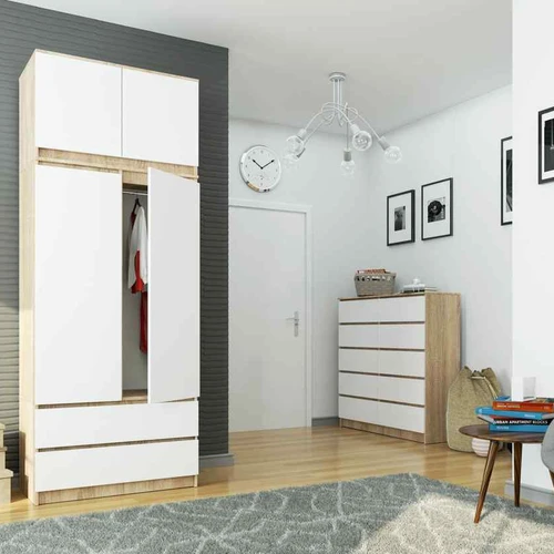 Spinta S90, 2 durų ir 2 stalčių, baltos/rudos spalvos, 90 × 234 × 51 cm - Spintos, spintelės