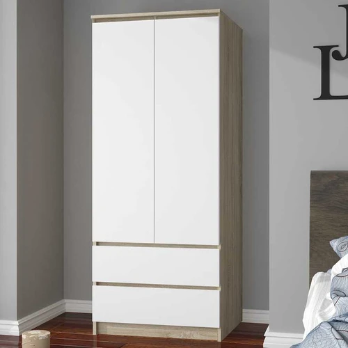 Spinta S90, 2 durys, 2 stalčiai, ąžuolo/baltos spalvos, 90 × 180 × 51 cm - Spintos, spintelės