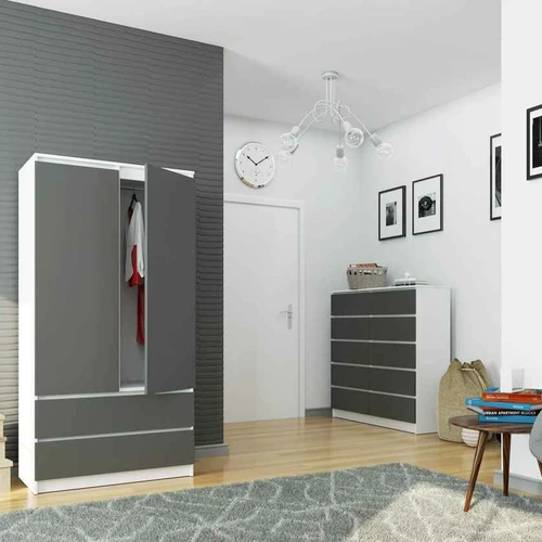 Spinta S90, 2 durys ir 2 stalčiai, baltos/pilkos spalvos, 90 × 180 × 51 cm - Spintos, spintelės