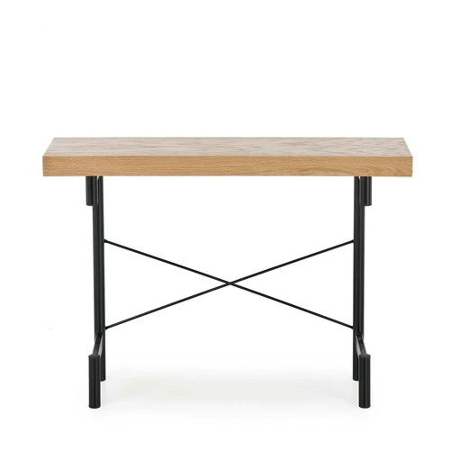 Stilingas stalas su natūralaus ąžuolo viršumi ir juodomis kojomis