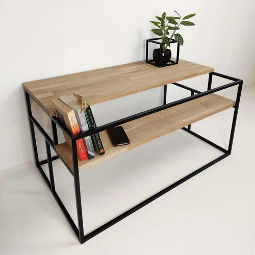 Natūralaus ąžuolo staliukas su plienine konstrukcija