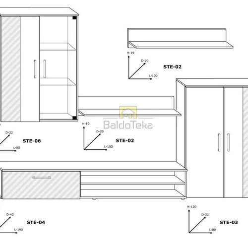 Moderni spintų sistema su pakabinamomis lentynomis ir komoda