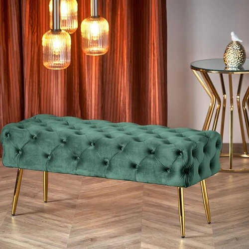 Moderni kėdė su tamsiai žaliu apmušalu ir auksinėmis kojomis