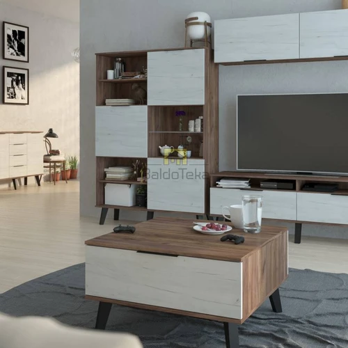 Moderni spintelė su apšvietimu ir medinėmis kojelėmis