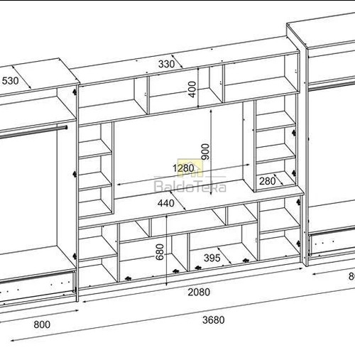 Ergonominė spintelė 370x210x53 cm, 18 mm LMDP, individuali spalva