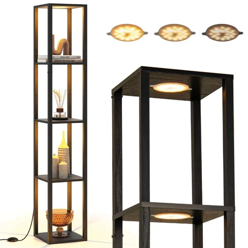 Toršeras su lentynomis, 4 pakopos, 4 LED žibintai, Juodas, 29 × 165 × 29 cm