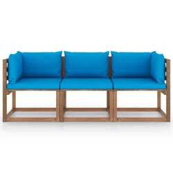 Trivietė sodo sofa iš palečių su mėlynomis pagalvėlėmis, eglė - Foteliai, sofos